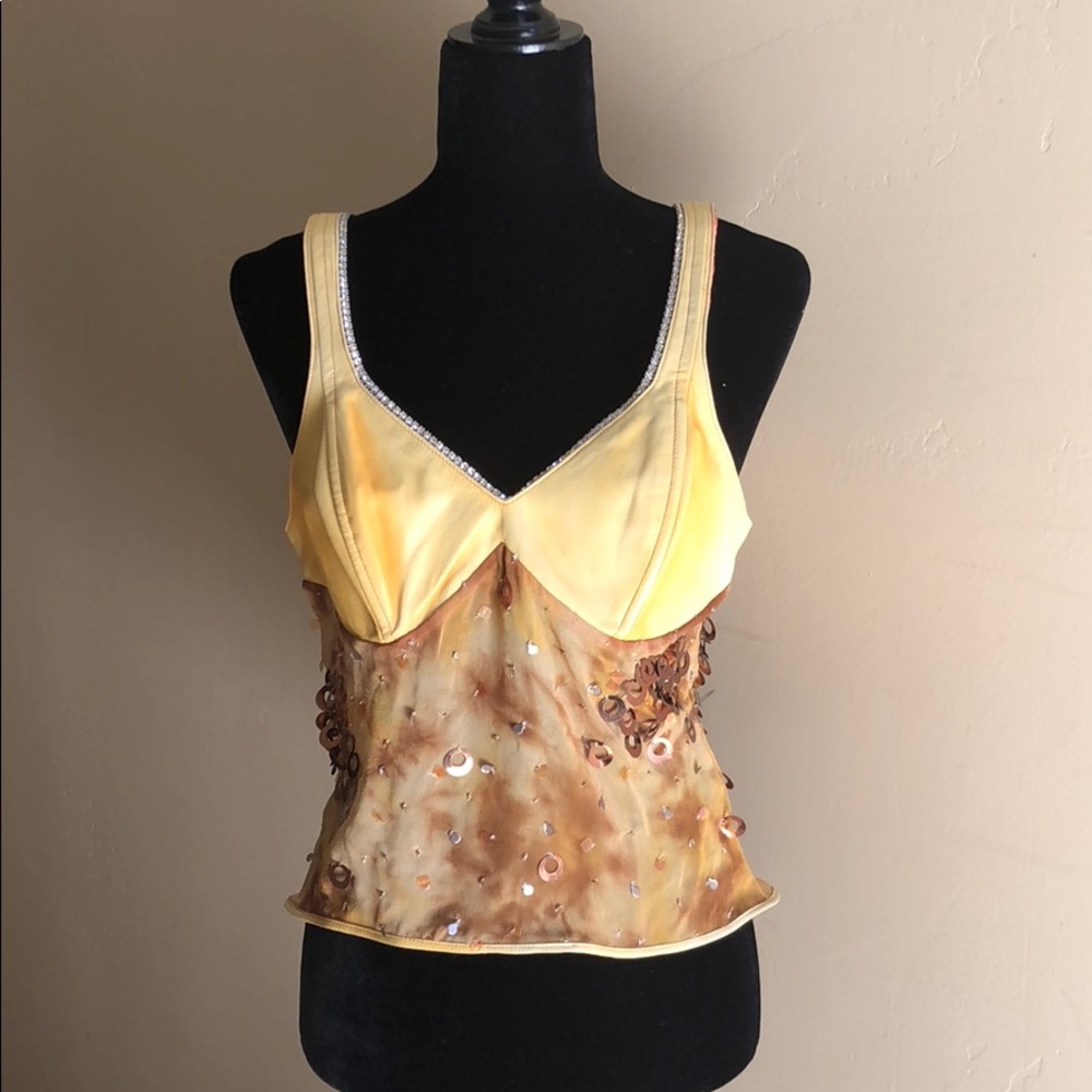 Leather and chiffon embellished top